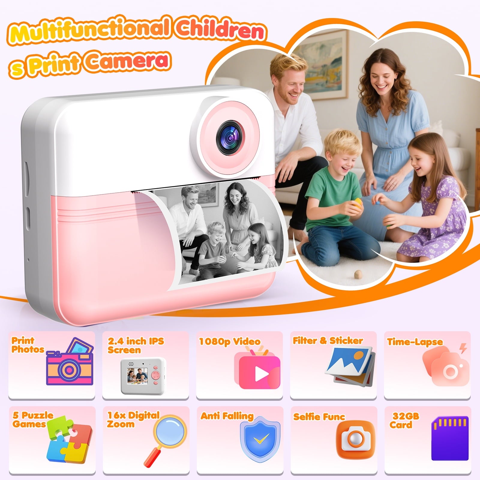 Kids Instant Print Camera, 1080P HD Digital Video Camera for Girls & Boys Age 3-12, Instant Camera with 2.4" IPS Screen, Long-Lasting Battery, 32GB Card, MP3 & Games, Christmas Birthday Gift Pink
