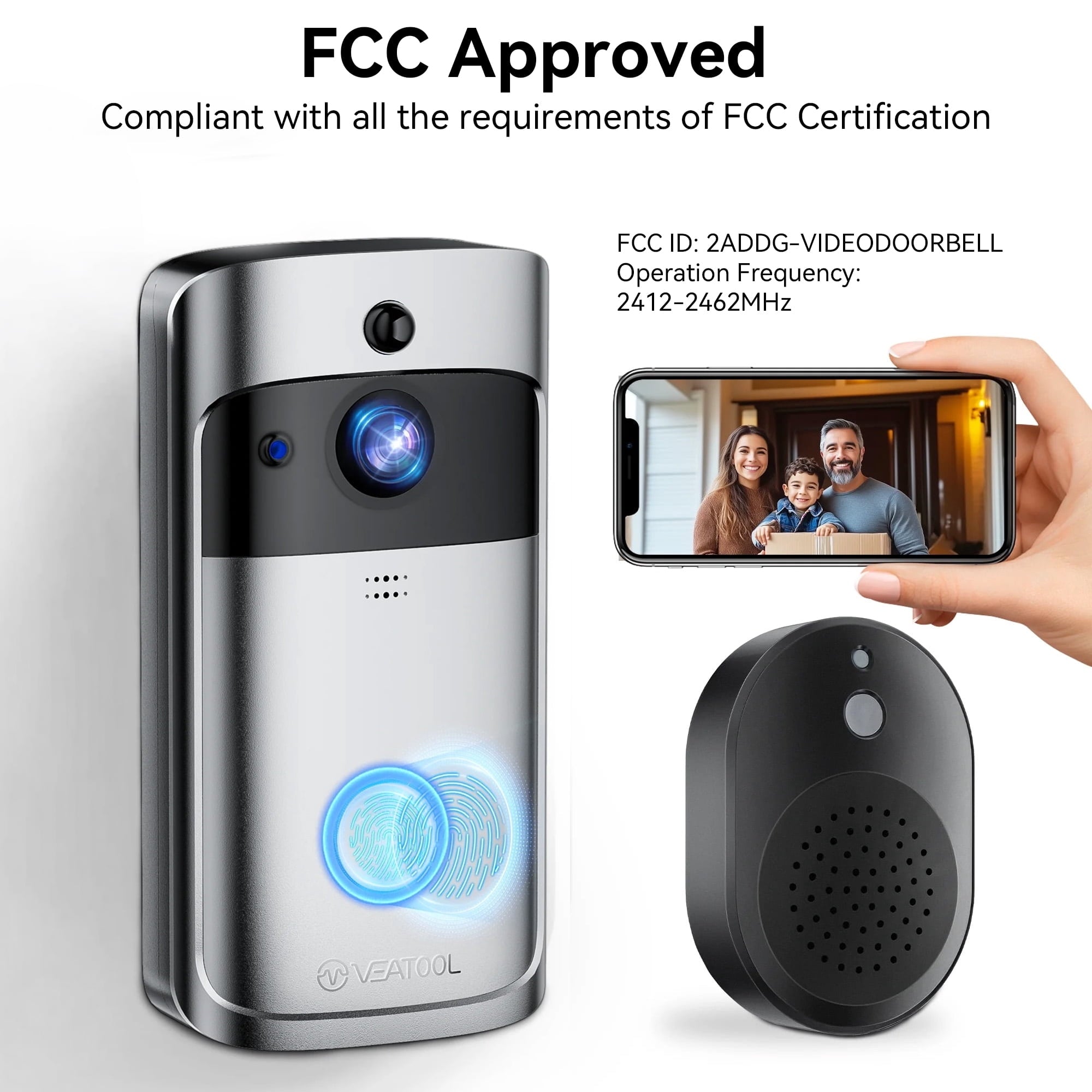 VEAT00L Doorbell Camera Wireless,1080P Video Doorbell with Chime,Head-to-Toe video, Live View with Two-Way Talk, PIR Motion Detection, 2.4GHz WiFi