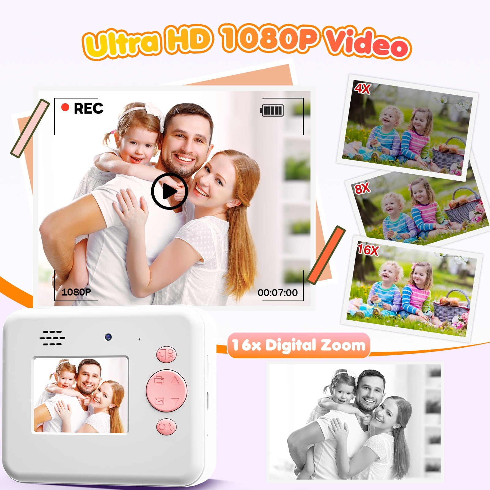 Kids Instant Print Camera, 1080P HD Digital Video Camera for Girls & Boys Age 3-12, Instant Camera with 2.4" IPS Screen, Long-Lasting Battery, 32GB Card, MP3 & Games, Christmas Birthday Gift Pink