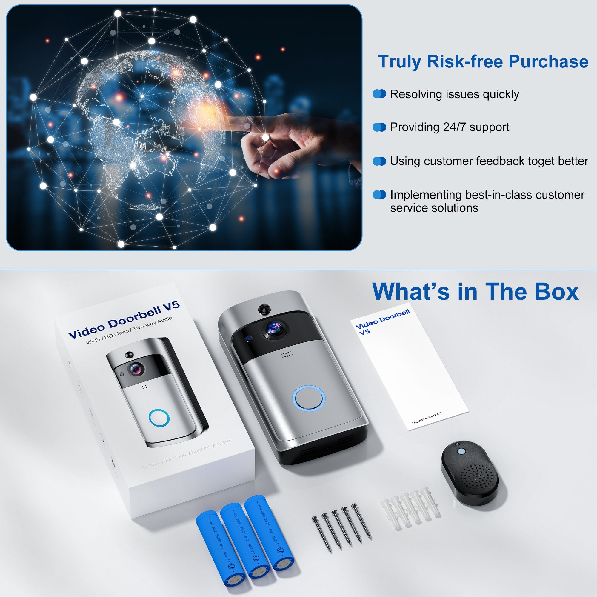 VEAT00L Doorbell Camera Wireless,1080P Video Doorbell with Chime,Head-to-Toe video, Live View with Two-Way Talk, PIR Motion Detection, 2.4GHz WiFi