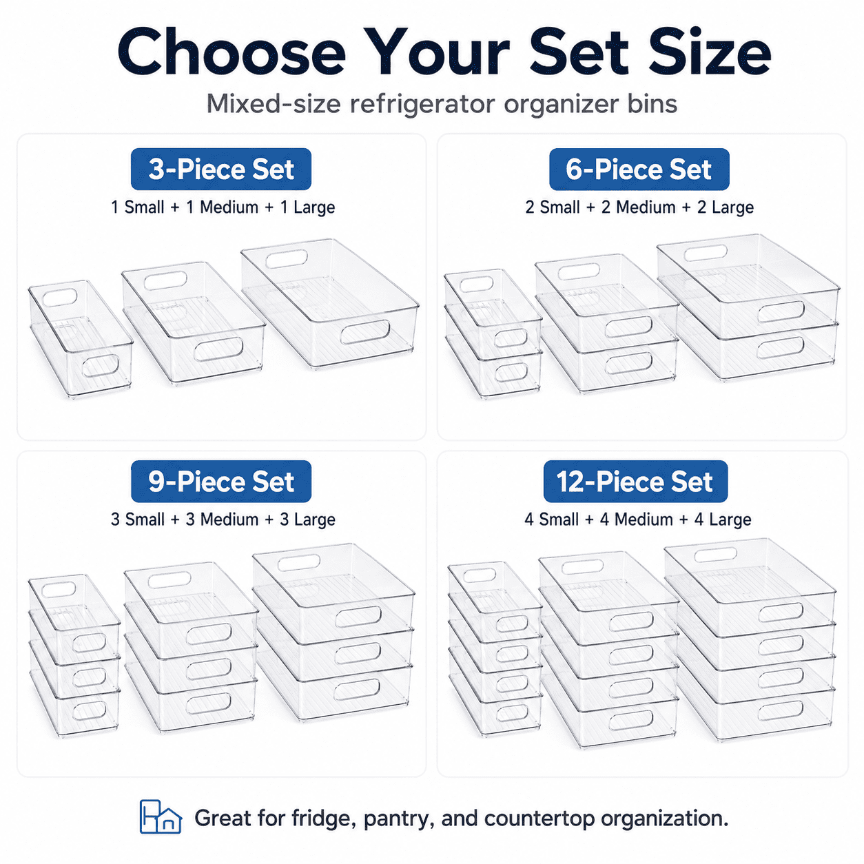 ZHOHO TANT Refrigerator Organizer Bins, 3 Sizes Stackable Clear Pantry with Handles for Fridge, Freezer, Shelves, Drawer, Snack Organizer Home & Kitchen,Boxes,Containers Plastic Baskets
