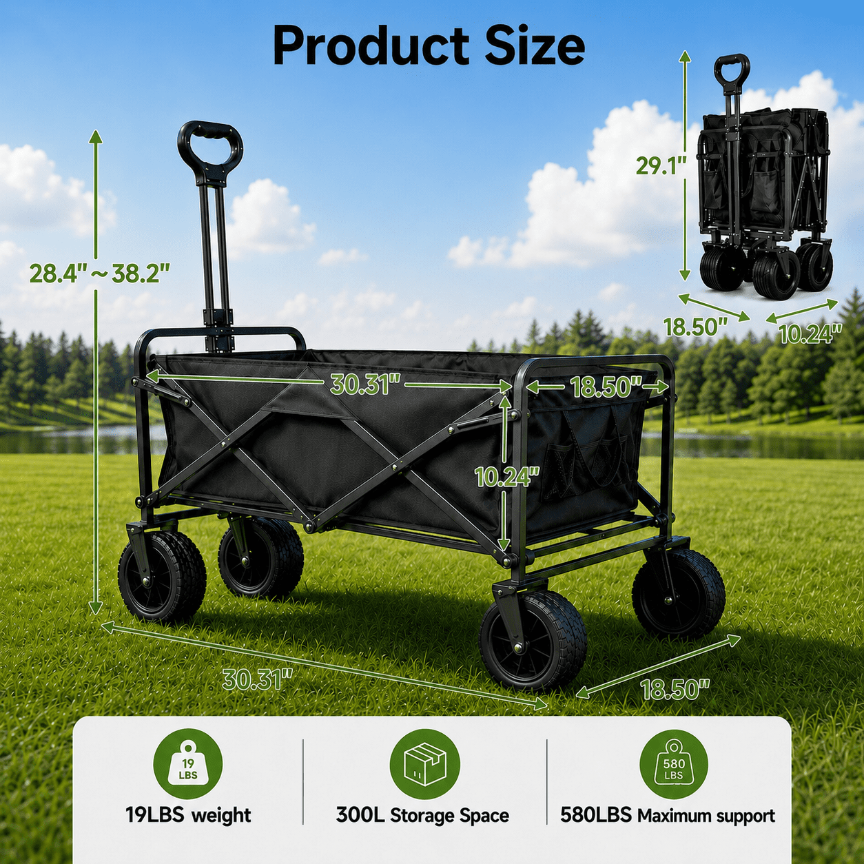 ANSFIL Collapsible Wagon with Wheels, Wagons Carts Foldable Wagon Cart with Flexible Handle, Folding Utility Heavy Duty Wagons Carts for Grocery Shopping Garden