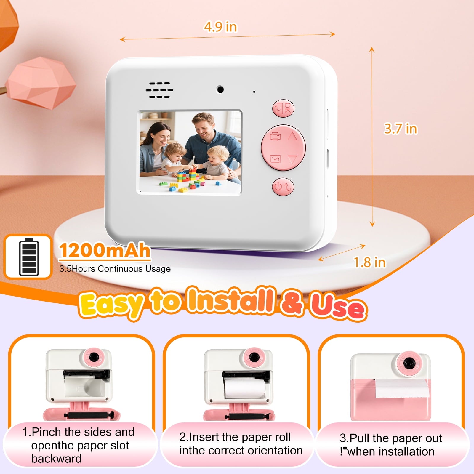 Kids Instant Print Camera, 1080P HD Digital Video Camera for Girls & Boys Age 3-12, Instant Camera with 2.4" IPS Screen, Long-Lasting Battery, 32GB Card, MP3 & Games, Christmas Birthday Gift Pink