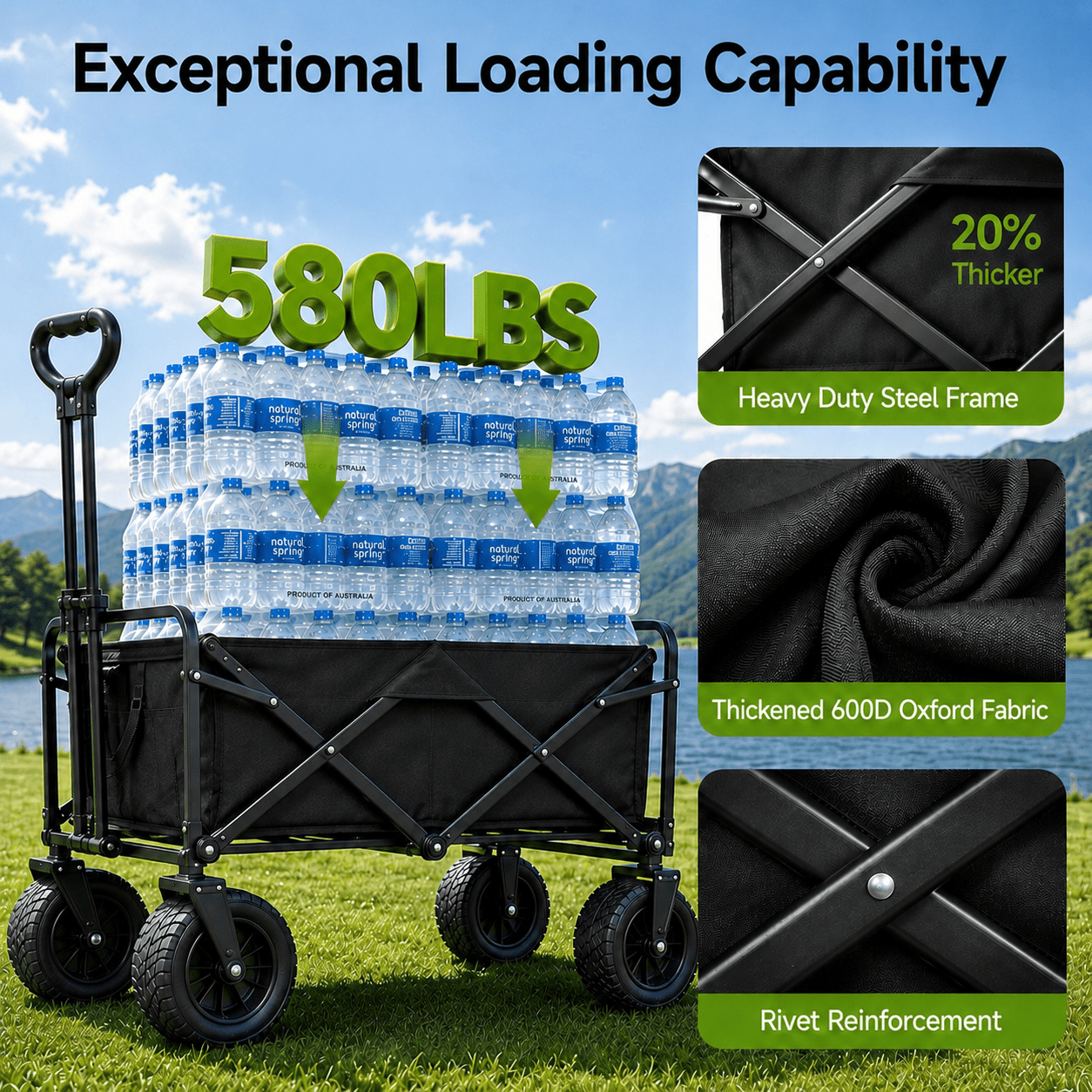 ANSFIL Collapsible Wagon with Wheels, Wagons Carts Foldable Wagon Cart with Flexible Handle, Folding Utility Heavy Duty Wagons Carts for Grocery Shopping Garden