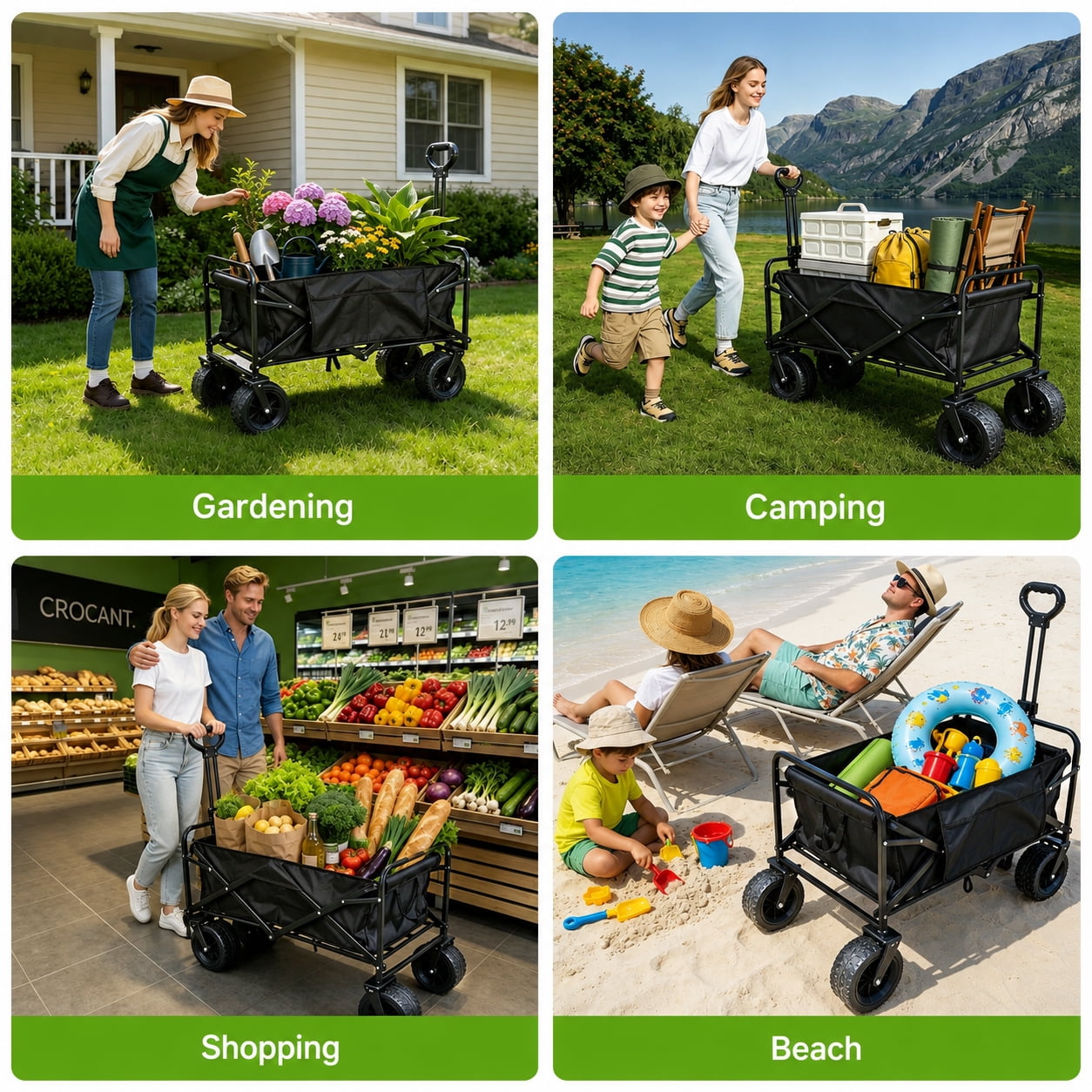 ANSFIL Collapsible Wagon with Wheels, Wagons Carts Foldable Wagon Cart with Flexible Handle, Folding Utility Heavy Duty Wagons Carts for Grocery Shopping Garden