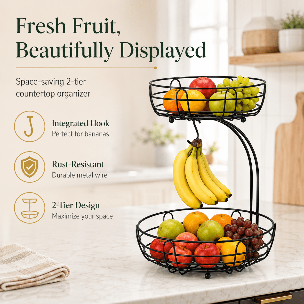 ZHOHO TANT 2-Tier Countertop Fruit Basket with Banana Hanger, Metal Wire Storage Organizer for Kitchen