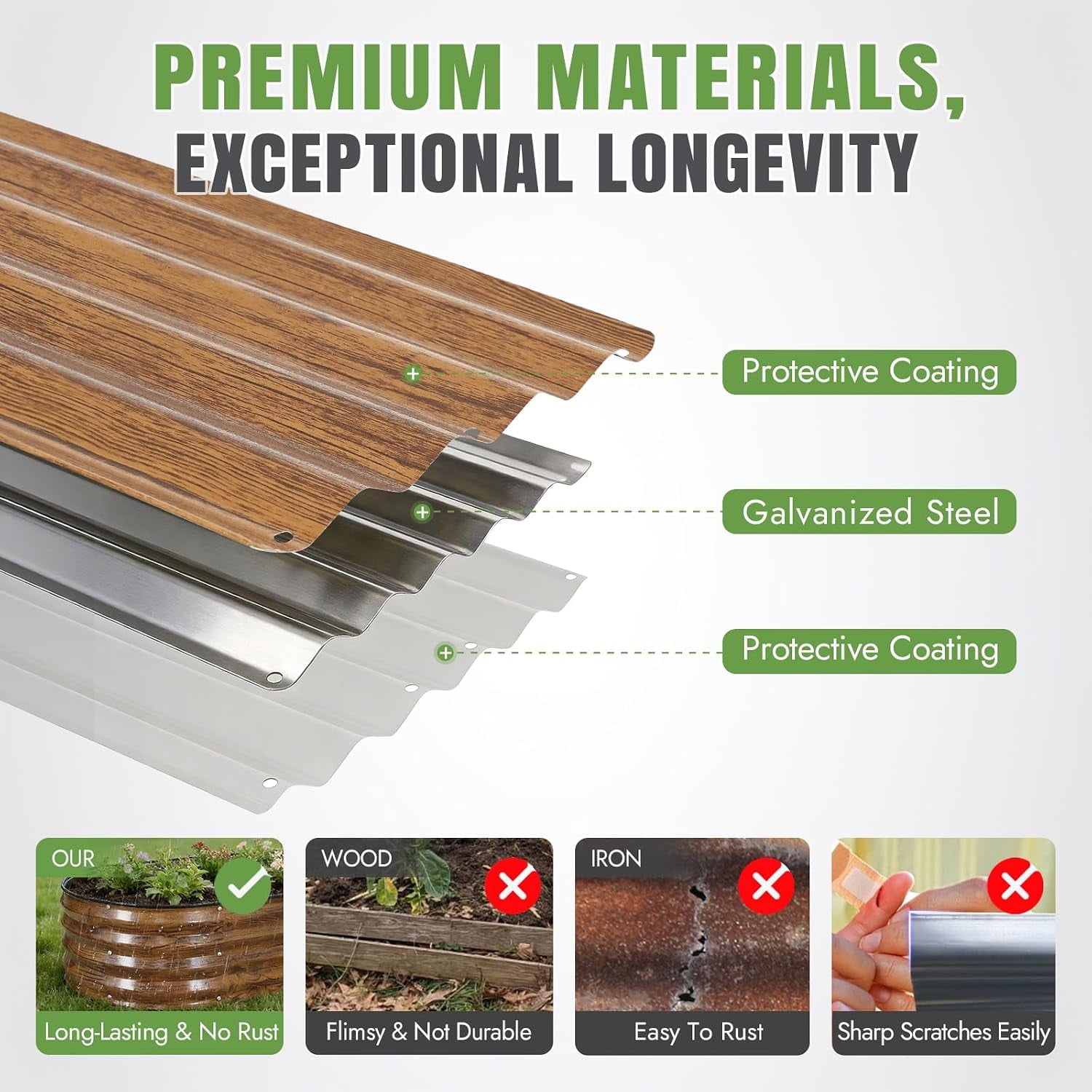 3 Pack 4x2x1 FT Raised Garden Bed Kit, Galvanized Metal Planter Box with Rubber Strip Edging for Vegetables,fruits,Brown