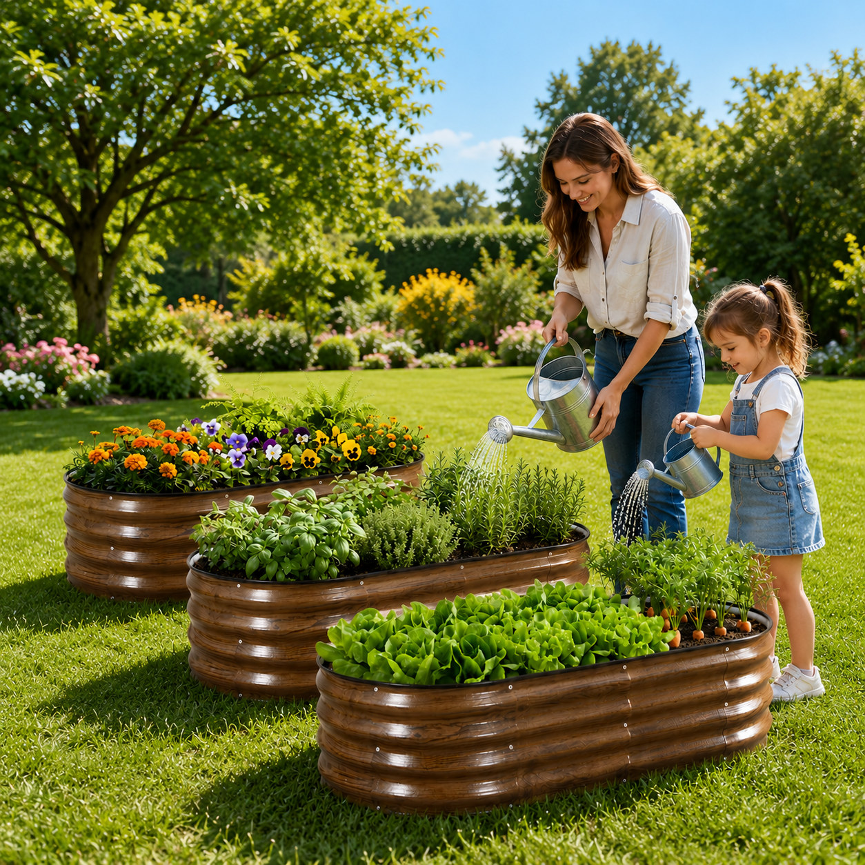 3 Pack 4x2x1 FT Raised Garden Bed Kit, Galvanized Metal Planter Box with Rubber Strip Edging for Vegetables,fruits,Brown